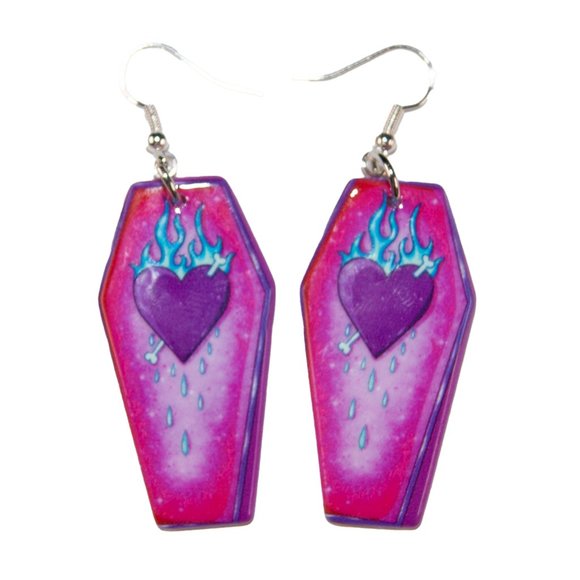 3=$25 Goth Flaming Heart Coffin Resin Earrings‎ Hypoallergenic Nickel Free 925 - Picture 2 of 3